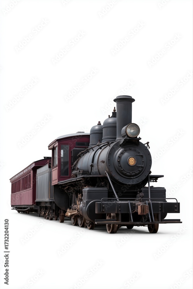 Naklejka premium Vintage steam locomotive with passenger cars on white background
