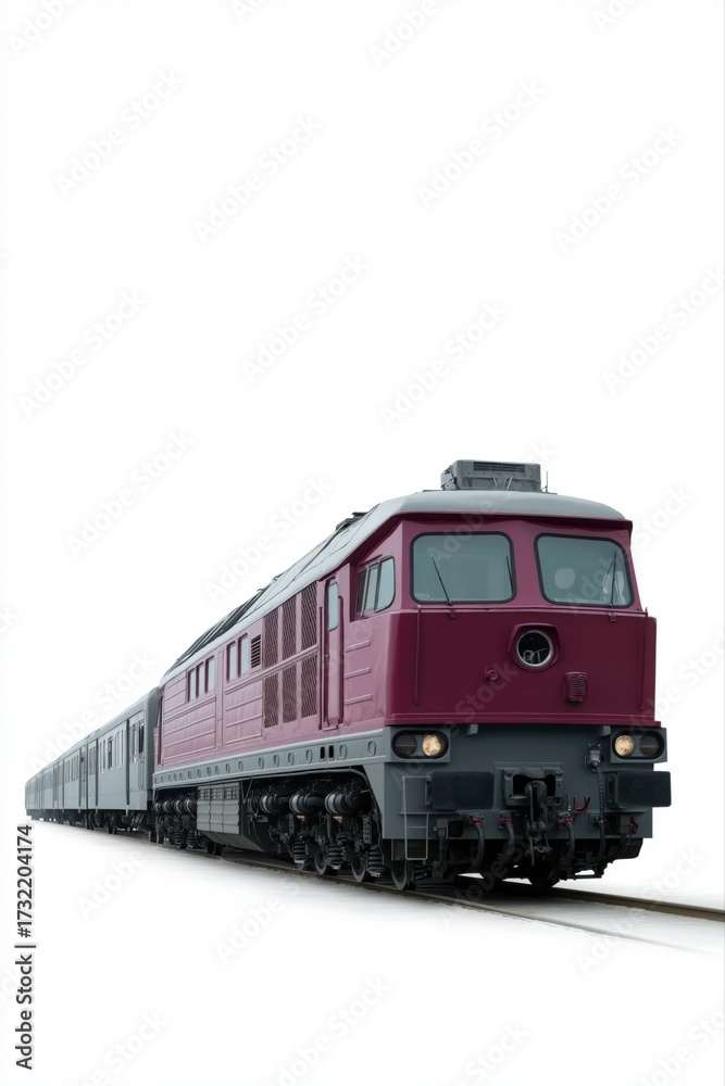 Fototapeta premium Vintage maroon train on tracks with white background