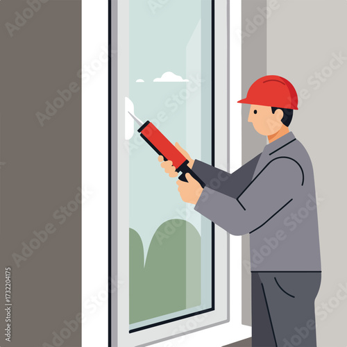 Worker seals a window with a caulking gun, landscape seen through the glass