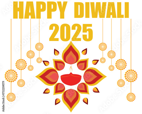 Happy Diwali 2025 festival greeting card design.Colorful Happy Diwali 2025 greeting card with diya lamp, rangoli floral decoration, and  ornaments celebrating the Indian festival of lights.EPS 10/ AI.