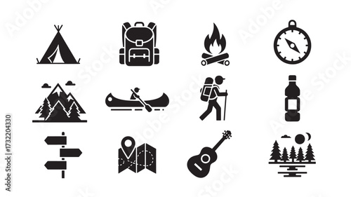 Set of camping and hiking icons black glyph vector elements isolated on white background