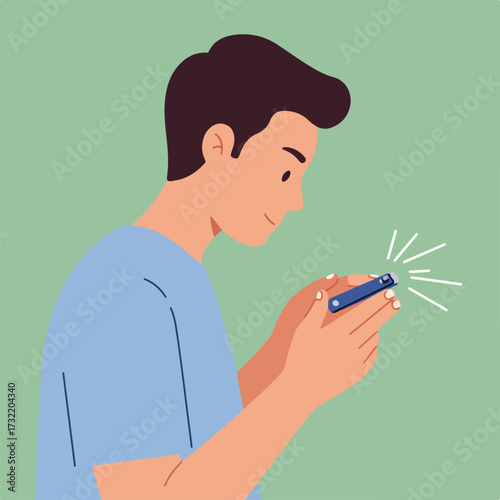 Man cutting nails with blue clippers on light green background