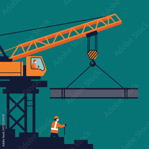 Crane lifts steel beam as worker watches on a construction site, graphic style