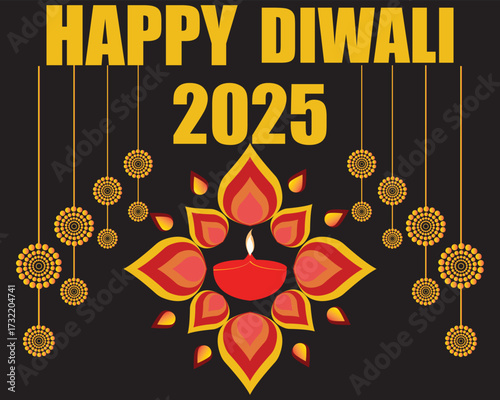 Happy Diwali 2025 festival greeting card design.Colorful Happy Diwali 2025 greeting card with diya lamp, rangoli floral decoration, and  ornaments celebrating the Indian festival of lights.EPS 10/ AI.