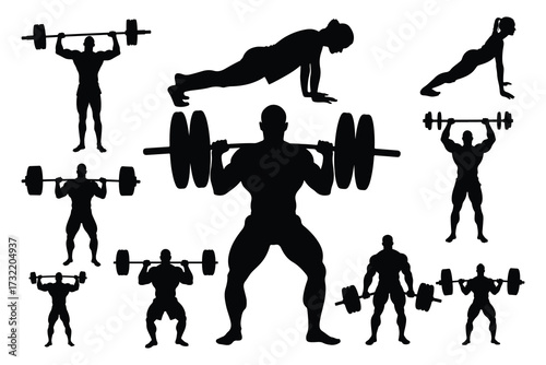 Silhouettes of people lifting barbells and doing pushups