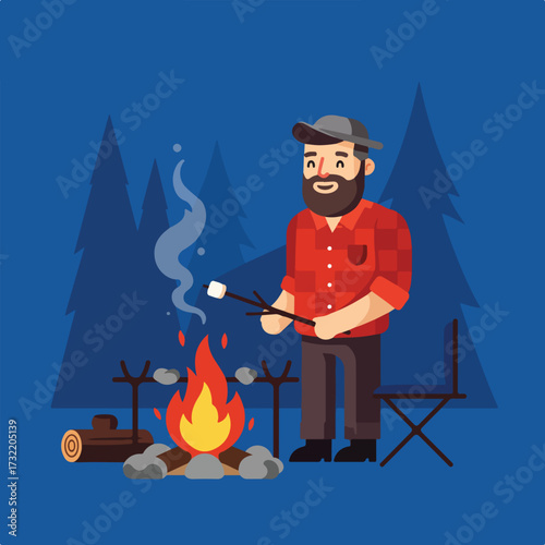 Man roasting marshmallows by a campfire at night in front of some trees