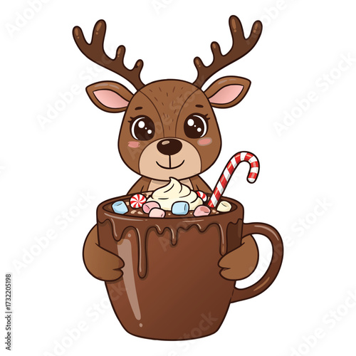Cute cartoon reindeer holding a mug of hot chocolate with marshmallows animal character