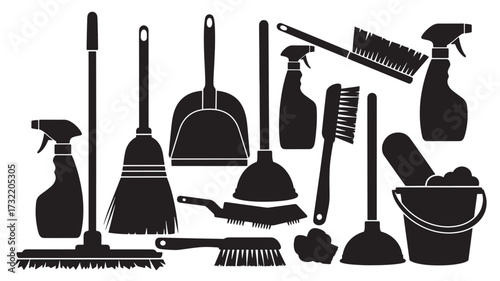 Cleaning tools silhouette set vector illustration of household equipment for hygiene and housework i
