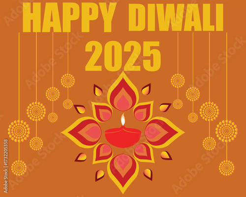 Happy Diwali 2025 festival greeting card design.Colorful Happy Diwali 2025 greeting card with diya lamp, rangoli floral decoration, and  ornaments celebrating the Indian festival of lights.EPS 10/ AI.
