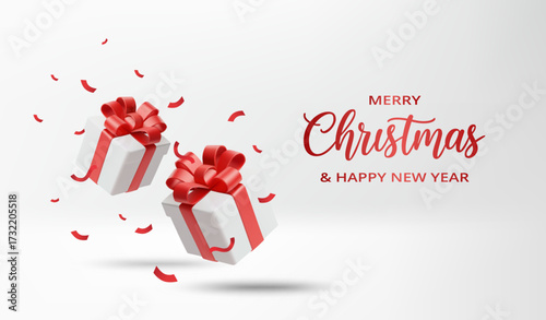 3D Vector Illustration of Merry Christmas & Happy New Year. Modern minimalist white gift box floating on light background with scattered ribbons. For web, campaign, promotion, surprise, fun.