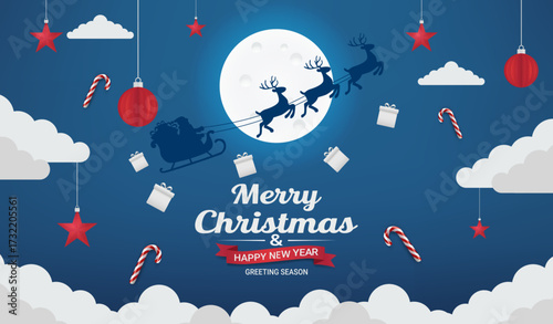 3D vector illustration of Christmas and New Year card with paper cut silhouette of Santa Claus riding a sleigh and deer over a full moon, blue sky with clouds, hanging gifts, candy canes.