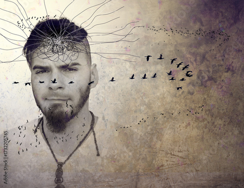Creative concept of a man with abstract lines and birds emerging from his head