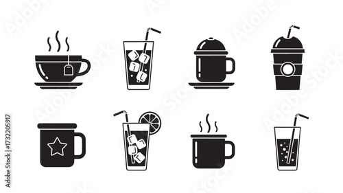 Set of black and white drink icons vector line design for menu cafe and restaurant isolated on white