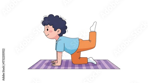 Cartoon boy doing donkey kick exercise on mat fitness workout routine home gym illustration healthy lifestyle on transparent background