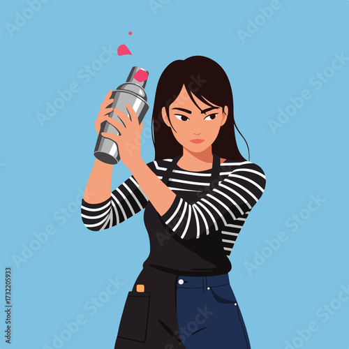 Female bartender shaking cocktail in shaker against a blue backdrop