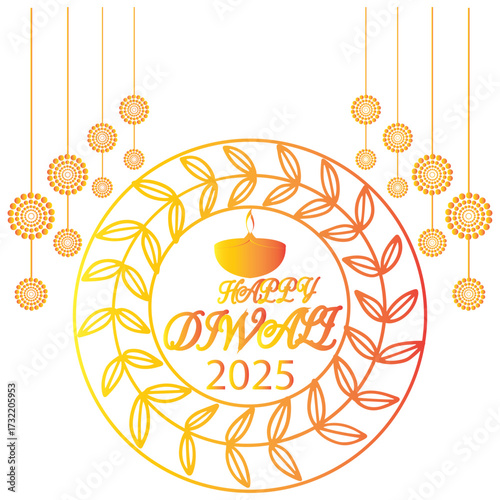 Happy Diwali 2025 festival greeting card design.Colorful Happy Diwali 2025 greeting card with diya lamp, rangoli floral decoration, and  ornaments celebrating the Indian festival of lights.EPS 10/ AI.