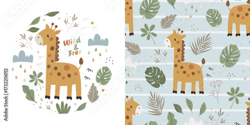 Children's set of poster and seamless pattern with cute giraffes.