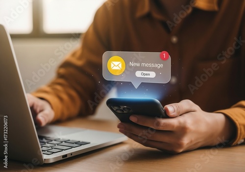 A person in a mustard-colored shirt sits at a desk with a laptop and smartphone. A transparent notification for a 