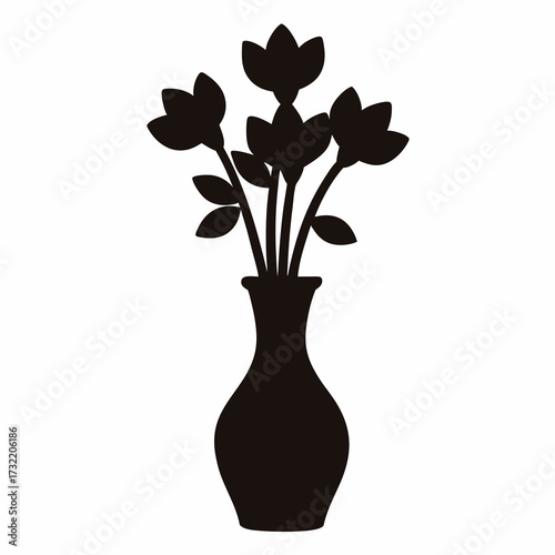 A simple black silhouette of a bouquet of flowers in a vase