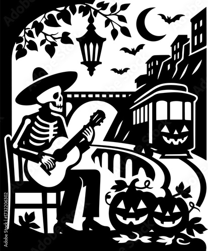 Skeleton Guitarist Halloween Serenade — Old Town with Pumpkins (B/W Vector)