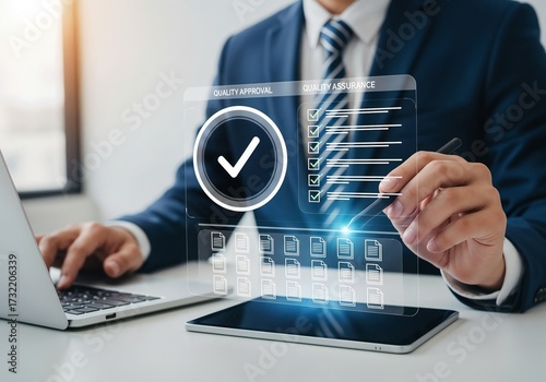 A businessman in a striped tie works on a laptop while using a stylus on a tablet. A transparent screen for 