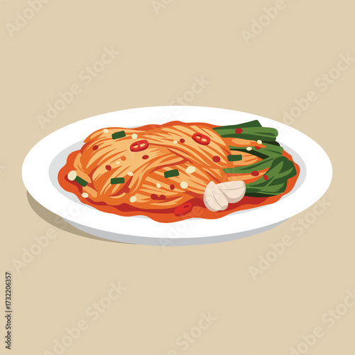 Plate of spicy kimchi, garnished with green onion and garlic cloves