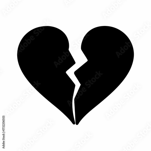 A shattered heart symbol in stark black and white represents lost love