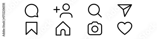Set of social media icons in outline style ; home, search, add, follower, bell, photo grid, camera, icon - Social media notification icons. like, comment, share, save, icon, button