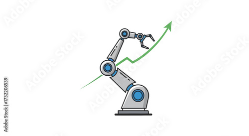 Robotic arm propelling a rising green arrow, symbolizing growth and innovation advancements