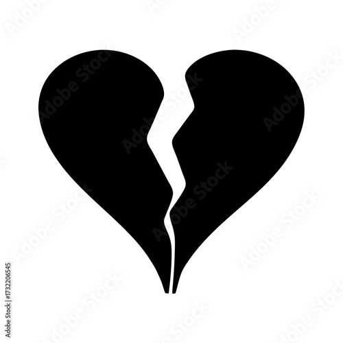 A single black broken heart on white background, symbolizing heartbreak and sadness