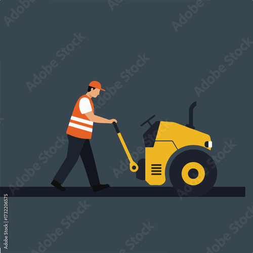 Worker with road roller on dark background, simple illustration