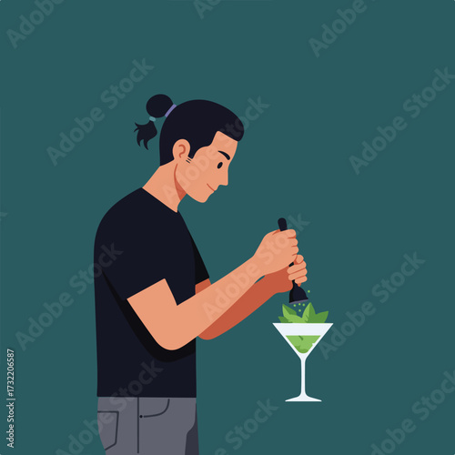 Bartender muddles greens in a martini glass on a dark teal background