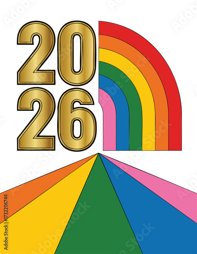 Celebrate 2026 with vibrant rainbow colors and gold lettering to bring joy to your designs for calendars and celebrations!