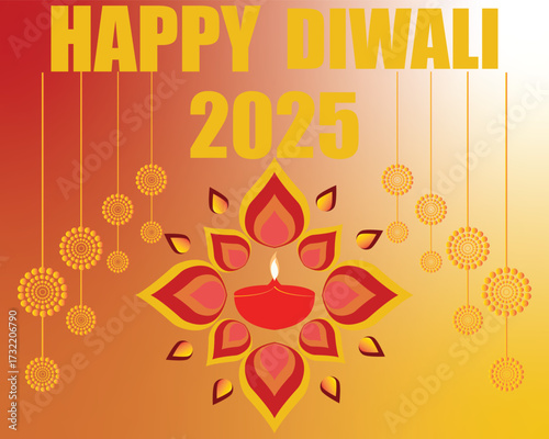 Happy Diwali 2025 festival greeting card design.Colorful Happy Diwali 2025 greeting card with diya lamp, rangoli floral decoration, and  ornaments celebrating the Indian festival of lights.EPS 10/ AI.