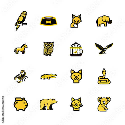 Collection of adorable cartoon animal icons and pet supplies for wildlife and domestic themes