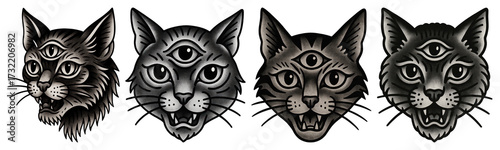 PNG Mystical third-eye cat illustrations, element set on transparent background