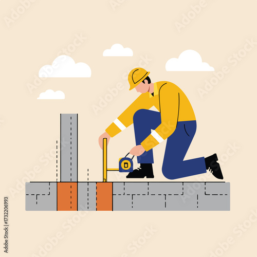 Builder measuring concrete foundation with tape