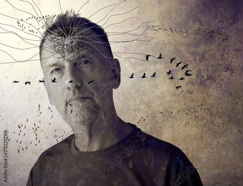 Creative concept of a man with abstract lines and birds emerging from his head