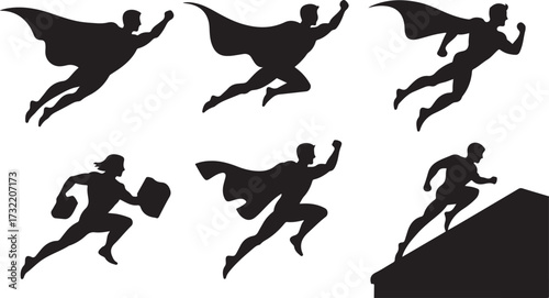 Six black silhouette figures of superheroes in dynamic flying running and climbing poses with capes white