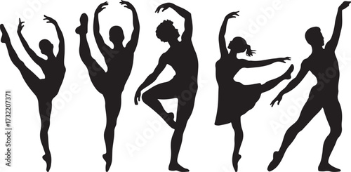 Five black silhouette ballet dancers in various graceful poses on a white background vector