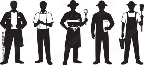 Five black silhouette figures representing different professions on a white background doctor chef