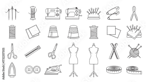 Sewing and tailoring tools line art collection vector illustration for fashion design isolated on wh