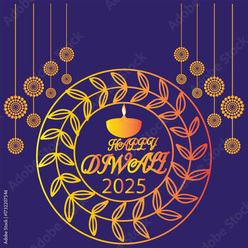 Happy Diwali 2025 festival greeting card design.Colorful Happy Diwali 2025 greeting card with diya lamp, rangoli floral decoration, and  ornaments celebrating the Indian festival of lights.EPS 10/ AI.