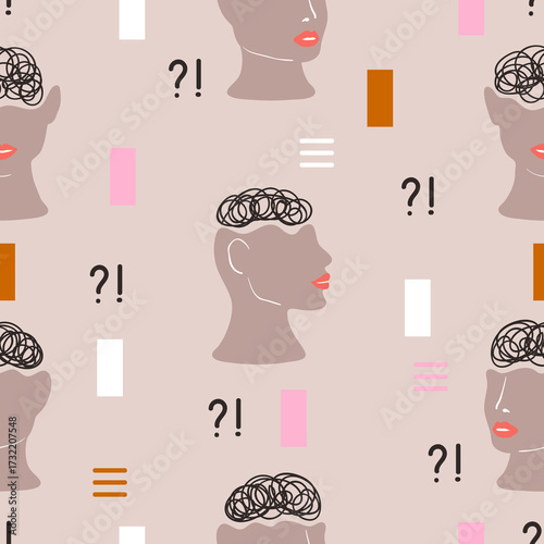 Seamless abstract pattern with women faces. Vector trendy print