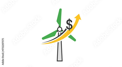Sustainable energy investment growth, wind turbine with rising dollar arrow signifies financial