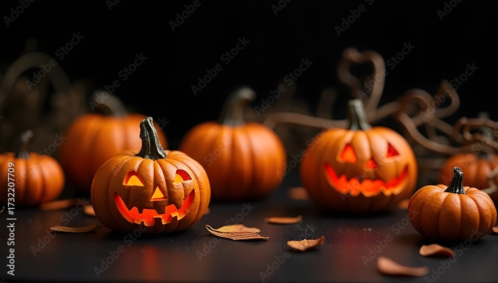 Fototapeta premium Decorative Arrangement of Halloween Pumpkins with Carvings on Black Background