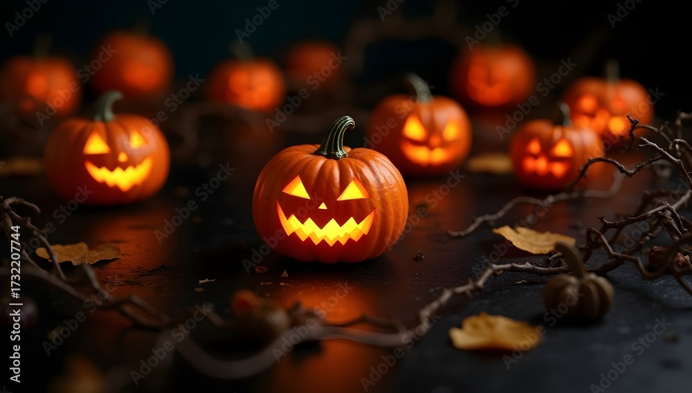 Fototapeta premium Decorative Arrangement of Halloween Pumpkins with Carvings on Black Background