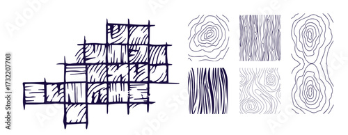 Wood rings. Round tree trunk cut with growth lines, wooden circle log with natural textured surface, carpentry material flat style. Vector isolated set