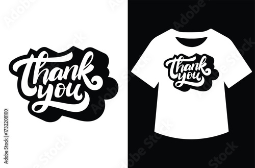 Minimalist black and white graphic featuring "Thank You" in modern calligraphy. Text shown standalone and on a white t-shirt design. Clean, bold, high-contrast style for print or design use.