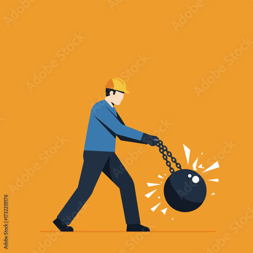 Worker with wrecking ball on an orange background